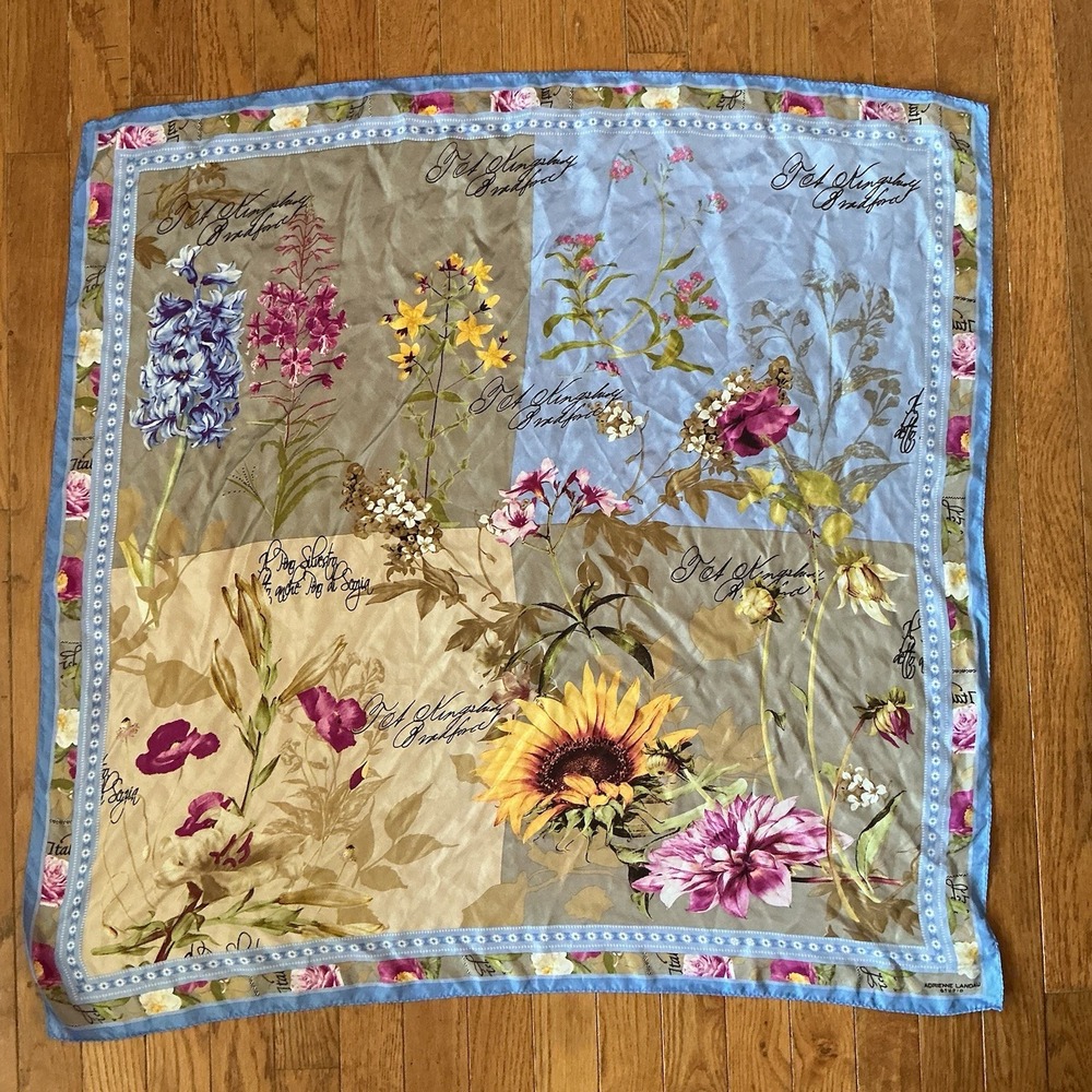 Adrienne Landau Blue White Violet Rectangular Floral 100% Silk Scarf